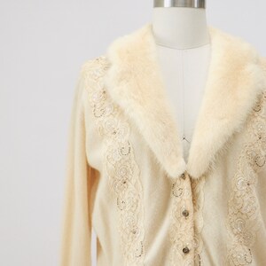 50s Vintage Cream Mink Fur Collar Beaded Cardigan Sweater Rhinestone Buttons Small Medium Vintage Wedding Fur Collared Cashmere Cardigan image 2