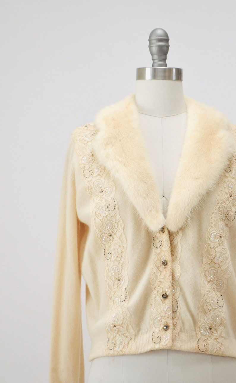 50s Vintage Cream Mink Fur Collar Beaded Cardigan Sweater Rhinestone Buttons Small Medium Vintage Wedding Fur Collared Cashmere Cardigan image 2