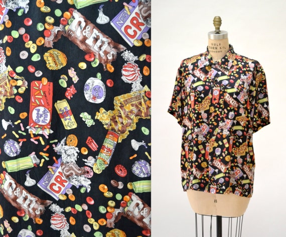 90s Vintage Nicole Miller Silk Shirt With Candy Jelly Chocolate Print Size  XS Mens Medium Large Womens Halloween Candy Junk Food Shirt 