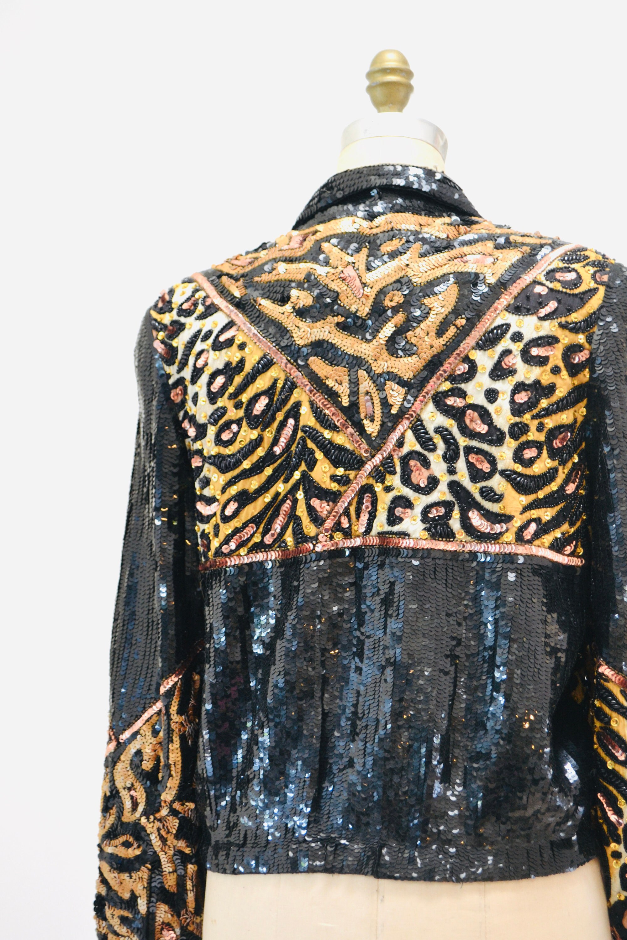 Vintage Sequin Jacket Black With Leopard Cheetah Animal Pattern