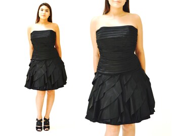 80s Prom Dress in Black Strapless Dress 80s Party Dress with Ruffles Size XS Small By Tadashi Black Dress