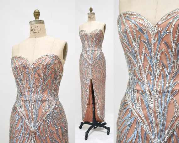 80s 90s Vintage Silver Cream Blue Beaded Sequin Gown Dress Small Medium by  Bob Mackie Silk// Vintage Wedding Gown Sequin Strapless Beach - Etsy