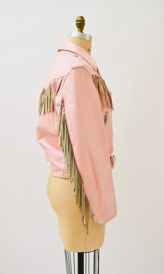 80s 90s Vintage PINK Leather Motorcycle Jacket Pa… - image 10