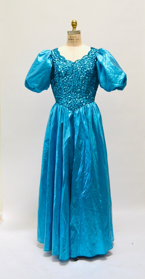 Vintage 80s Prom Sequin Dress Blue Metallic Ball Gown… - Gem