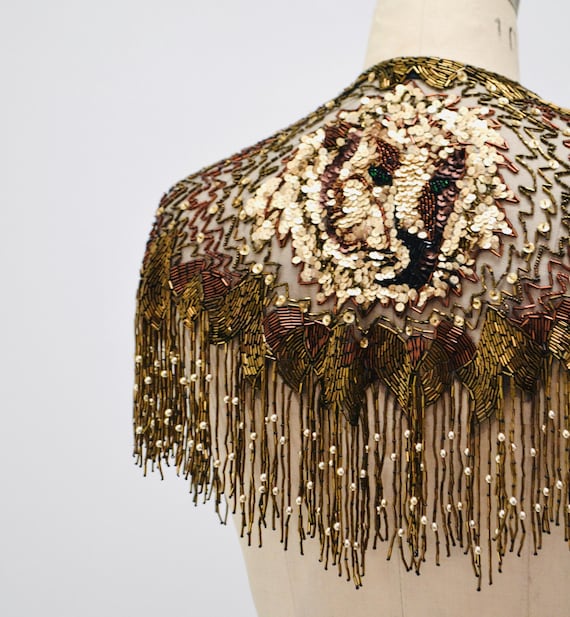 90s Vintage Metallic Beaded Sequin Fringe Shawl Lion Lioness