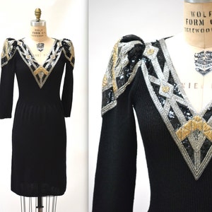 Vintage Black Sweater Dress Size Small Medium Beaded Art Deco Inspired// Black Sweater Dress Metallic Sequins Beading By Pat Sandler image 1