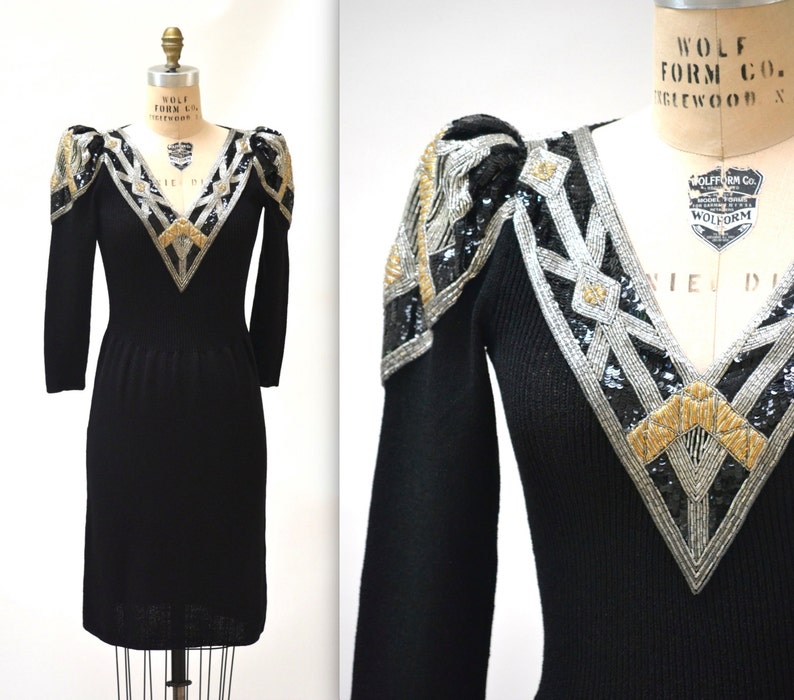 Vintage Black Sweater Dress Size Small Medium Beaded Art Deco Inspired// Black Sweater Dress Metallic Sequins Beading By Pat Sandler image 1