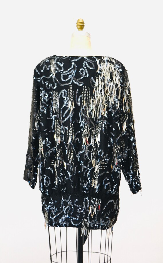 80s Glam Sequin Party Top Black Silver Metallic 8… - image 6