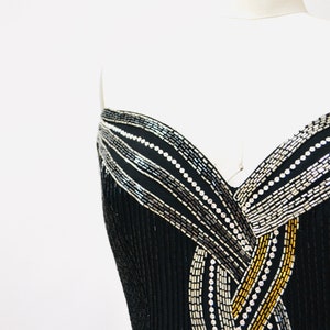 80s 90s Vintage Beaded Sequin Gown Dress By Bob Mackie Black Silver Strapless Black Beaded Gown BoB Mackie Cher Pageant Dress XS Small image 4