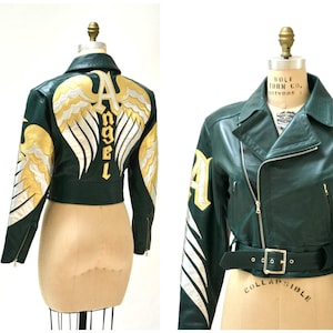 Vintage Leather Motorcycle Jacket and Pants by North Beach Michael Hoban// Vintage Green Gold Metallic Leather Moto Angel Wings Leather Suit image 6