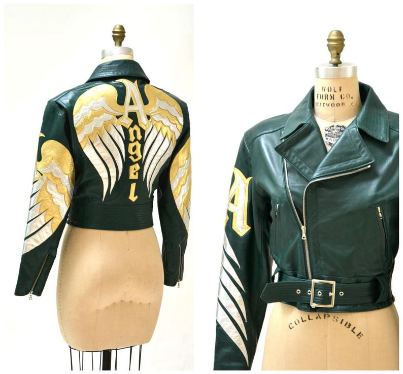 Vintage Leather Motorcycle Jacket and Pants by North Beach Michael Hoban// Vintage Green Gold Metallic Leather Moto Angel Wings Leather Suit image 6