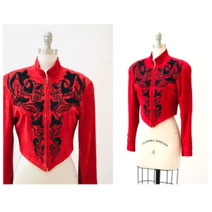 90s Vintage RED Leather Suede Jacket Michael Hoban Embroidered Autographed North Beach Leather Red Suede Embroidered Bolero Cropped Jacket image 2