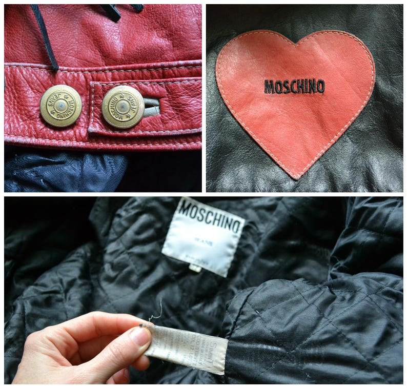 90s Vintage Moschino chaqueta de cuero amor fleco corazón rojo y negro marino Moschino Jeans hechos en ITaly imagen 5