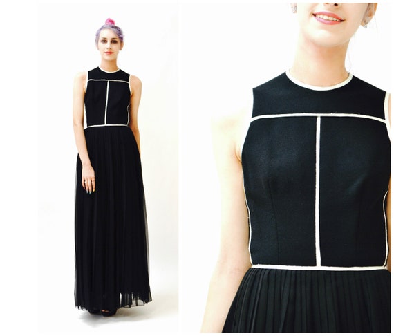 70s Black Maxi Dress Metallic silver Trim long Bl… - image 4