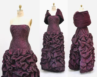 Jaren 90 vintage zijden jurk strapless avondjurk met sjaal zijde paars fluweel door Michael Casey Couture kleine medium paarse avondbaljurk