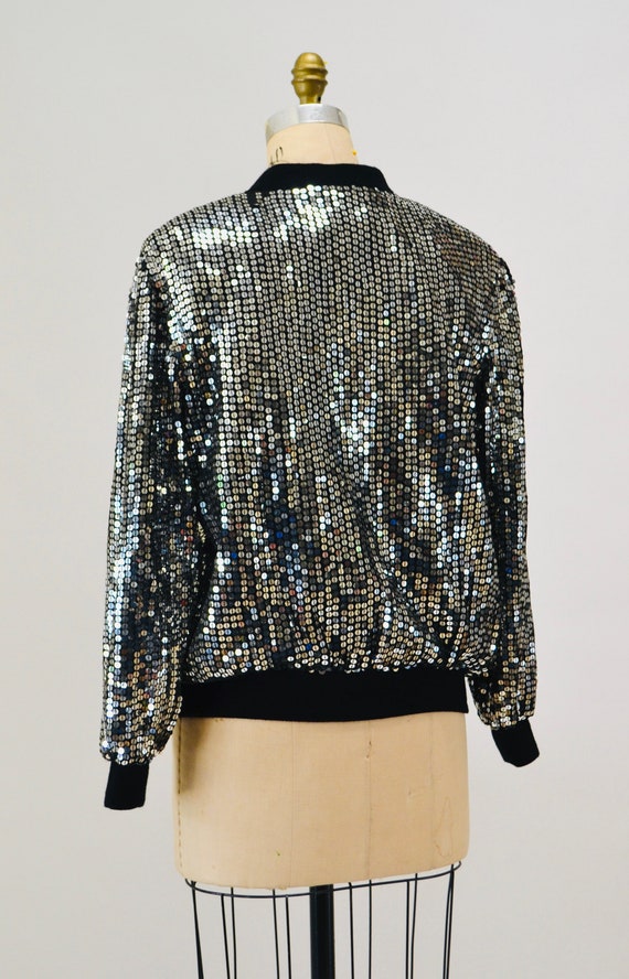 Vintage 80s 90s Silver Sequin Party Bomber Jacket… - image 7