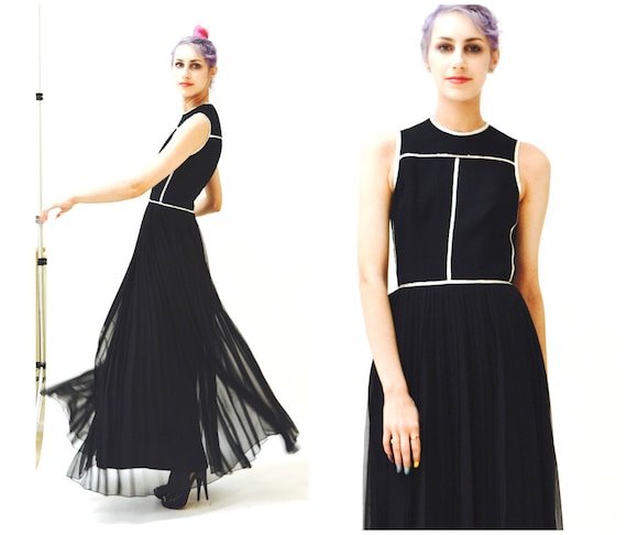 70s Black Maxi Dress Metallic silver Trim long Bl… - image 6