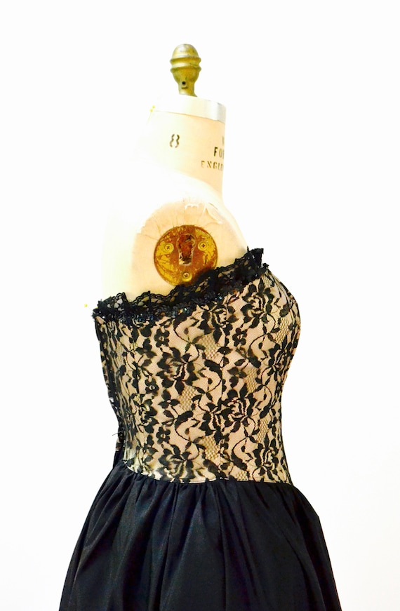 Vintage 80s Prom Dress Strapless Black Lace Sequi… - image 6