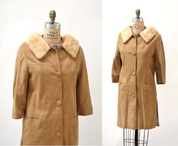 60s Vintage Suede Leather Jacket Coat Fur Collar … - image 1