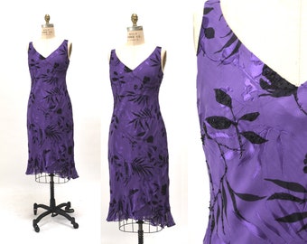 Vintage 90s 00 Y2K Bias Cut Silk Dress Purple floral print Beaded Silk Bias Cut Tank Dress Medium Large Silk Burnout Dress 90s party Dress