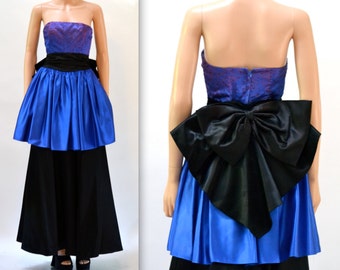 Vintage 80s Prom Dress Size Small Blue and Black// Vintage 80s Party Dress Strapless Evening Gown Pageant Dress Size XS Small by Gunne Sax