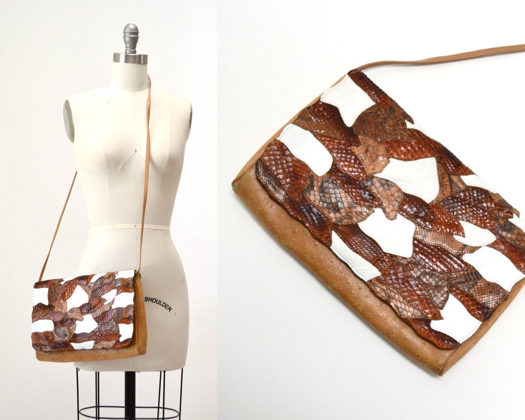 Python Leather Patchwiork 70s 80s Vintage Brown Leather Patchwork Bag by Carlos Falchi Clutch ...