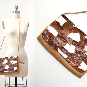 Bolso de mano vintage de piel marrón con patchwork de los años 70 y 80 de Carlos Falchi, bolso de mano, piel de serpiente marrón, piel de pitón, reptil y patchwork de piel de avestruz