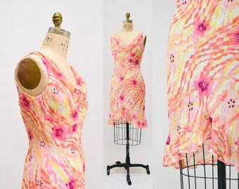 Vintage 00s Y2K Bias Cut pink Silk Dress By Bob Mackie Cowl Neck Pink Floral Print Silk Bias Cut Tank Dress Small Medium