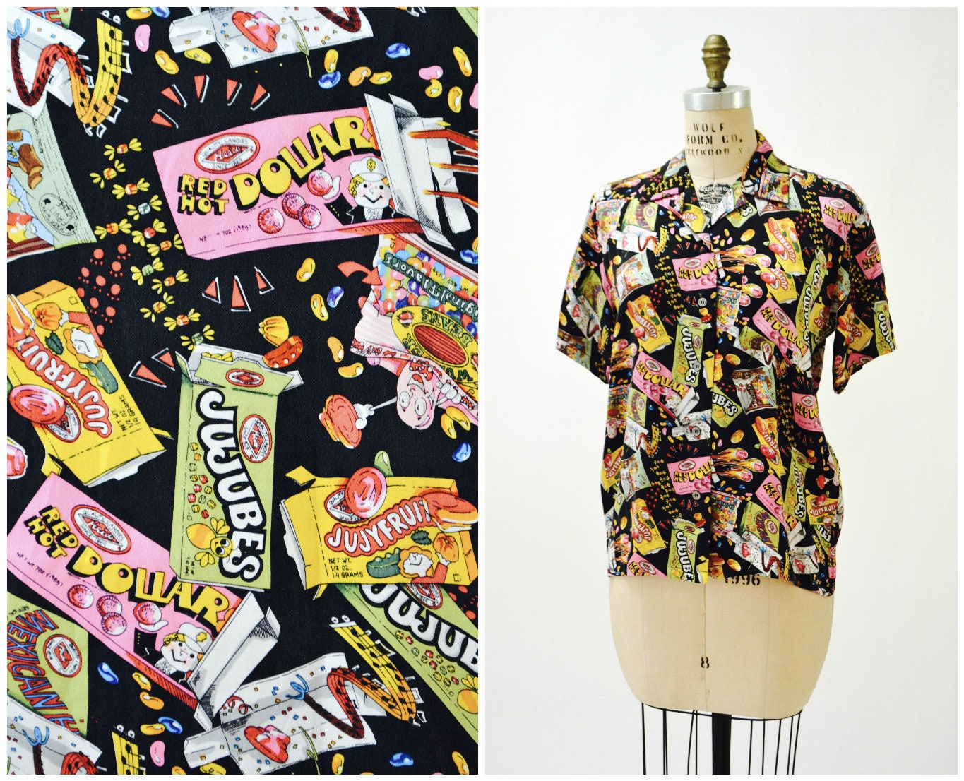 90 s vintage Nicole Miller soie chemise moyen avec impression de bonbons Junk Food / / Pop des années 90 art oral chemise de soie imprimé 90 s vintage moyen Nicole Miller soie chemise moyen vintage avec impression de bonbons Junk Food / / Pop des années 90 art oral chemise de soie imprimé ea7416