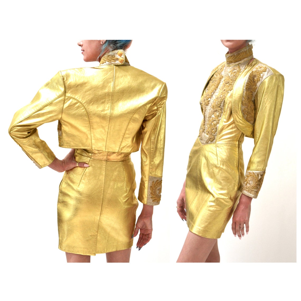 Vintage Gold Metallic Leather Jacket Bolero With Embroidery Etsy