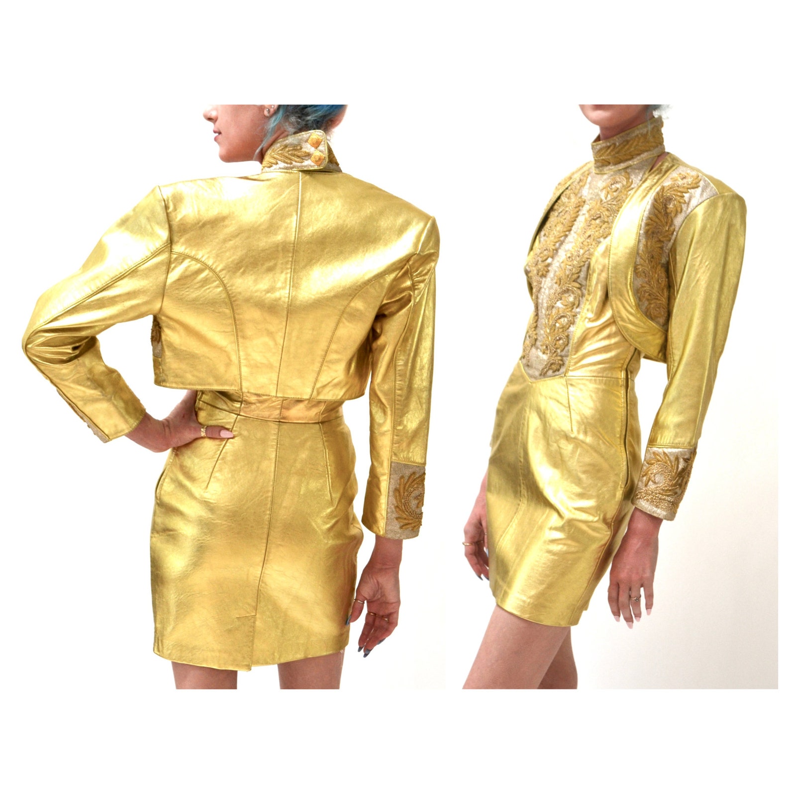 Vintage Gold Metallic Leather Jacket Bolero With Embroidery Etsy