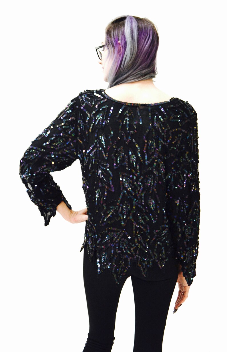 Vintage Metallic Sequin Shirt Black Art Deco Flapper Inspired Oil Slick// Vintage Flapper Inspired Beaded Shirt Top Black Sequins Small image 6