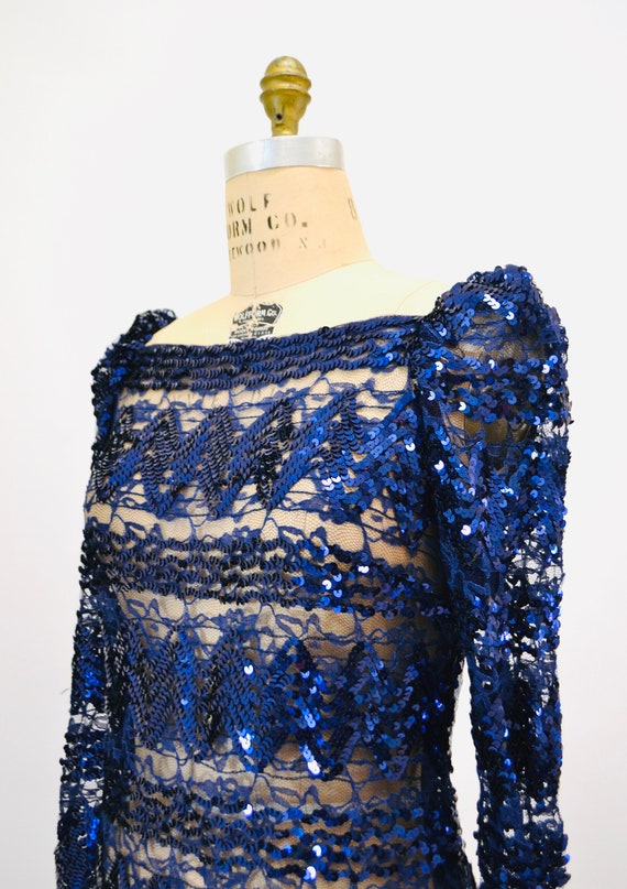 Vintage 80s 90s Lace Sequin Dress Metallic Blue  … - image 6
