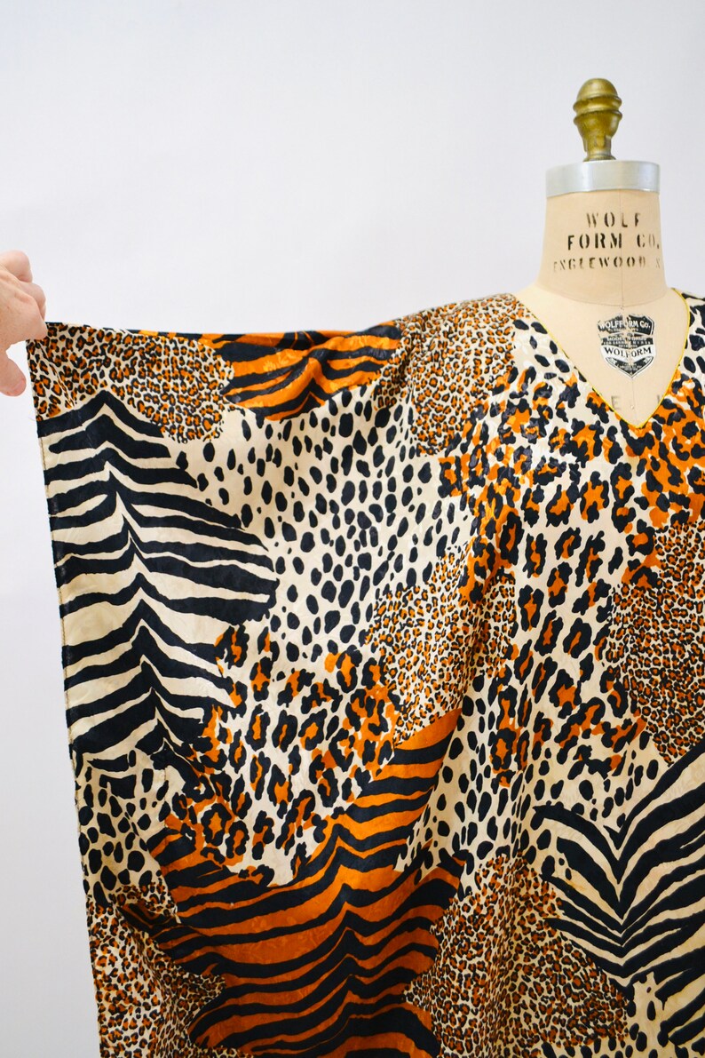 80s 90s Vintage Animal Print Dress Caftan Kaftan Beach Cover Up Large XL PLUS SIZE // Vintage Leopard Print Caftan Kaftan Dress Large xl image 4