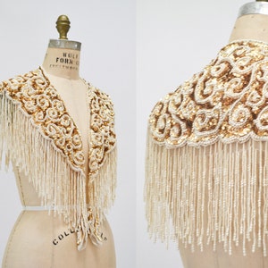 Vintage Gold Pearl White Cream Beaded Sequin Shawl Wrap Burlesque Wedding Flapper Gold Metallic Beaded Wedding Vintage Fringe Collar Shawl image 1