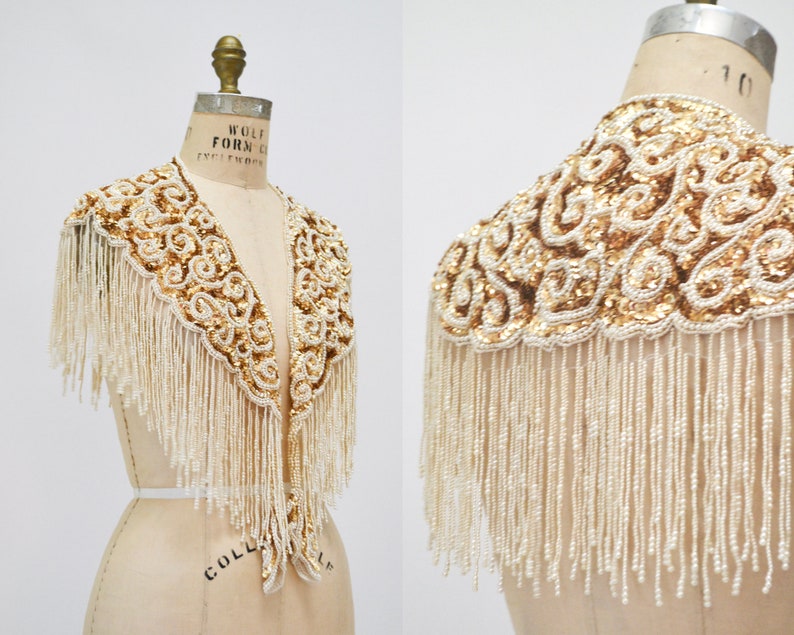 Vintage Gold Pearl White Cream Beaded Sequin Shawl Wrap Burlesque Wedding Flapper Gold Metallic Beaded Wedding Vintage Fringe Collar Shawl image 1