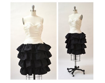 Vintage 90s Party Prom Dress XXS XS Small Black and White Strapless Ruffle Party Dress By Tadashi// 90s  Vintage Black Tie PageantDress