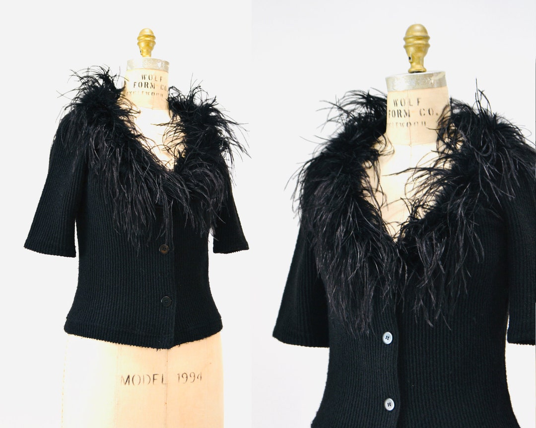90s 00s Vintage Black Feather Sweater Cardigan Top With Boa Marabou