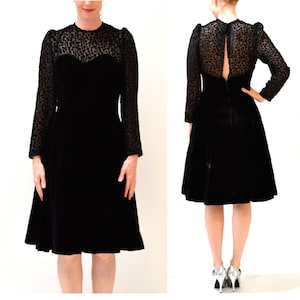 Vintage Black Velvet Dress Size Medium Large with Crinoline Skirt  // 90s Black Illusion Dress// 80s 90s Party Dress Velvet Holiday Dress