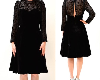 Vintage Black Velvet Dress Size Medium Large with Crinoline Skirt  // 90s Black Illusion Dress// 80s 90s Party Dress Velvet Holiday Dress