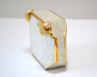 Vintage Judith Leiber Evening Bag Swarovski Crystal Minaudiere Gold Clutch Pearl Crystals Silver Gold Metal Clutch Bag wedding Purse