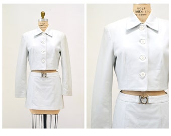 90s 2000s Y2K Vintage White Leather Jacket and Skirt Set Jacket North Beach Michael Hoban Medium Large 90s 2000s Leather Suit Jacket Skirt