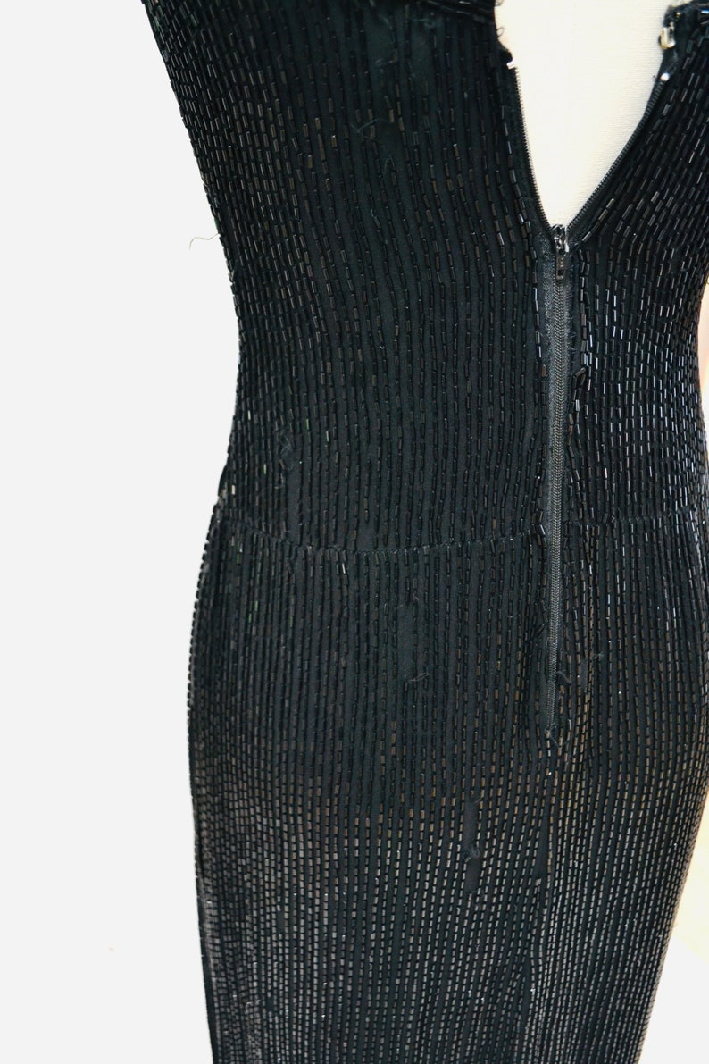 80s 90s Vintage Beaded Sequin Gown Dress By Bob Mackie Black Silver Strapless Black Beaded Gown BoB Mackie Cher Pageant Dress XS Small image 10
