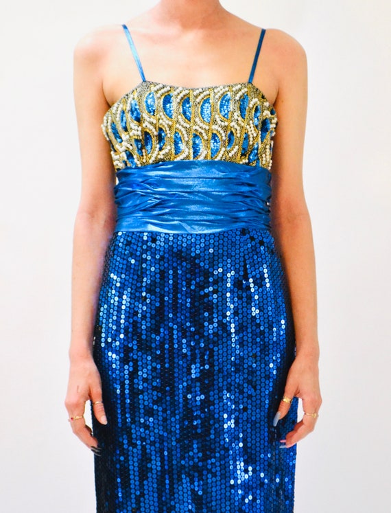 Vintage 80s Prom Dress Blue Sequin Metallic Gown … - image 9