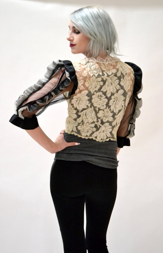 Vintage Lace Jacket Bolero Small Cream Black Ruff… - image 2