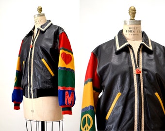 Vintage Moschino Leather Jacket Black Love Peace Heart Red and Black Navy Moschino Jeans ITaly Pop Art Rainbow Gay Pride Leather Jacket