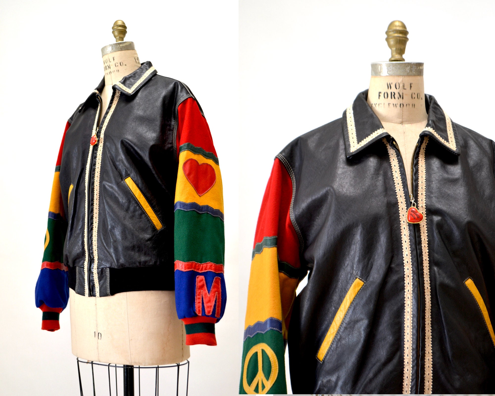 Vintage Moschino Leather Jacket Black Love Peace Heart Red