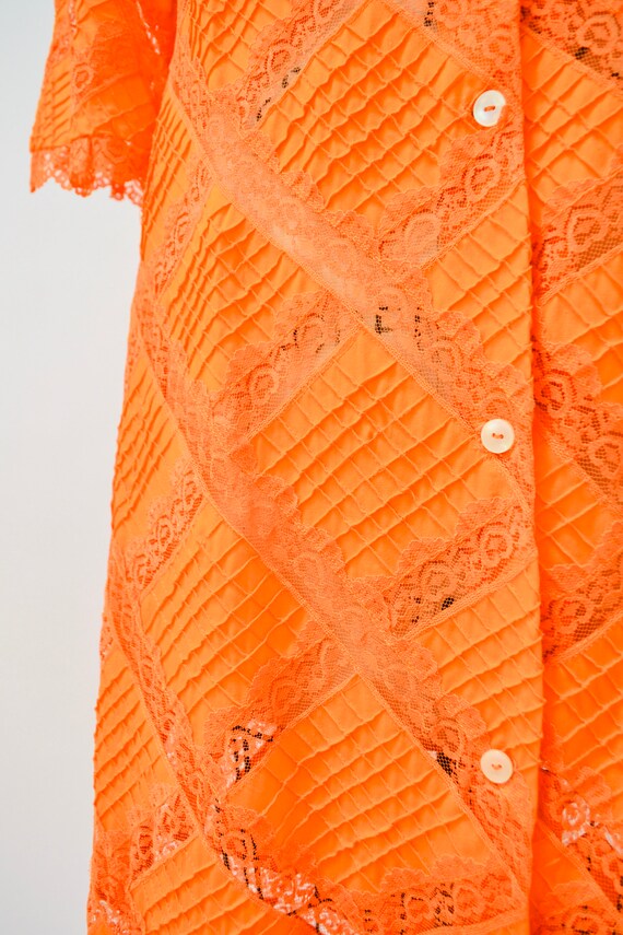 70s Vintage Orange Dress Lace Patchwork House Dre… - image 10