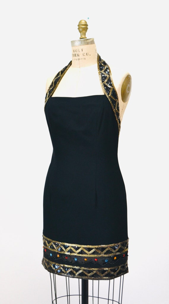 90s Vintage Black Halter Dress Sequin Beaded Meta… - image 3