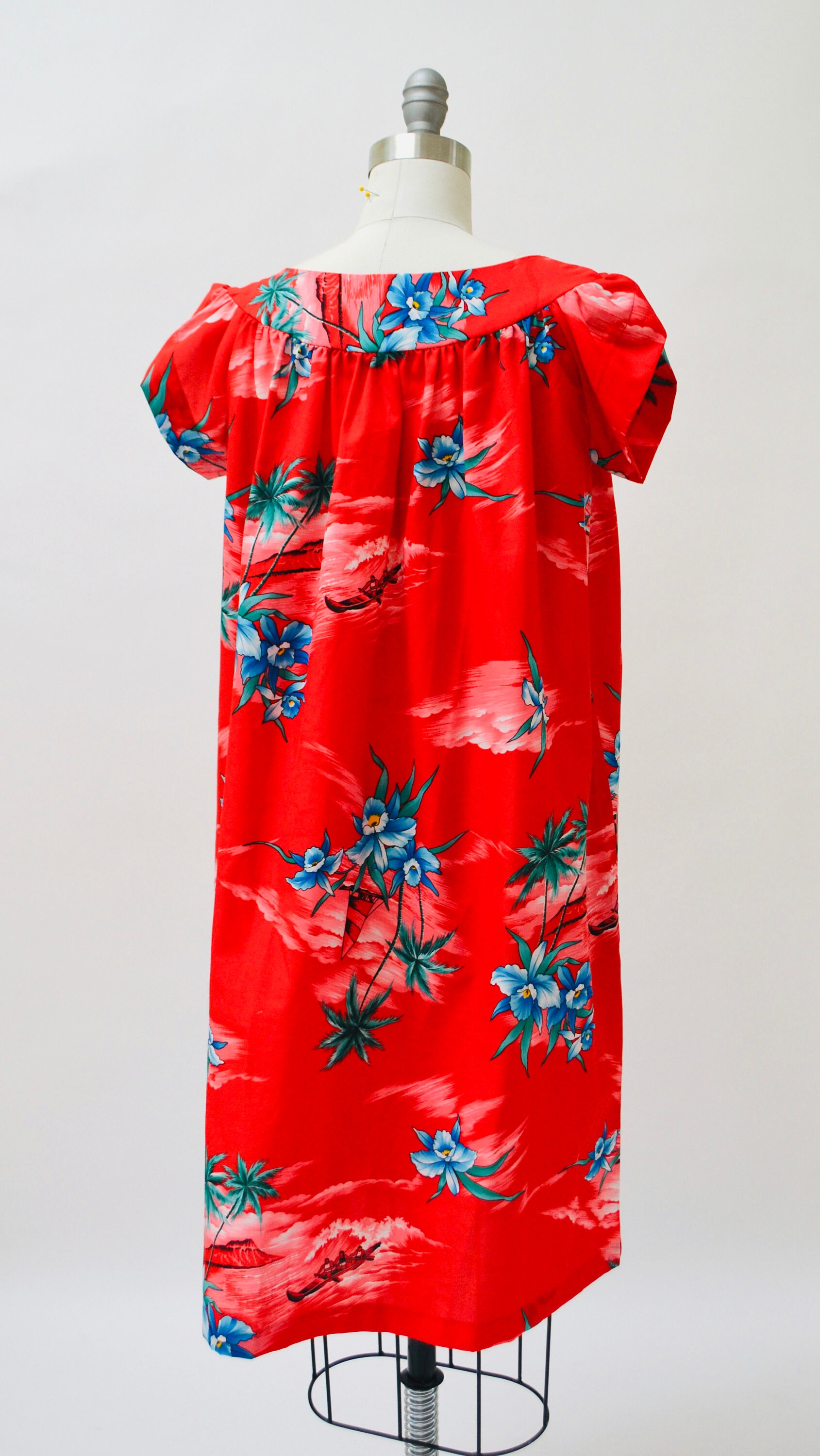80s Vintage Red Hawaiian Floral Print Dress Size Large Beach Cover up ...